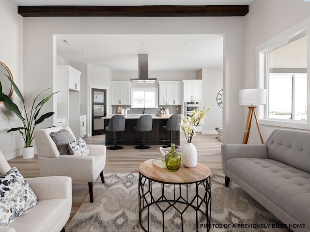 living room featuring beam ceiling and light hardwood / wood-style flooring