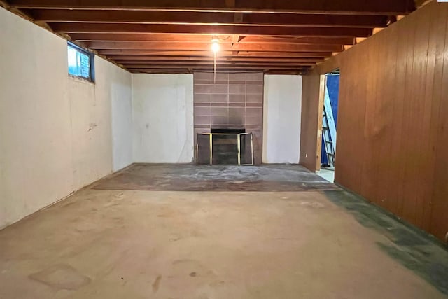basement with a fireplace