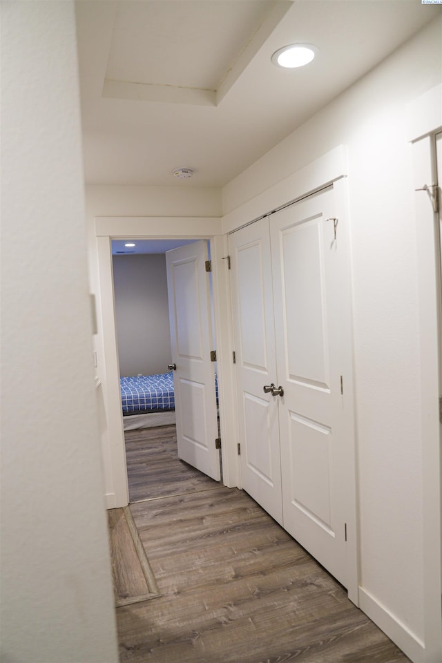 corridor with hardwood / wood-style flooring and a raised ceiling