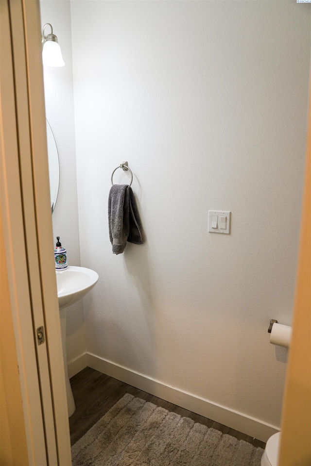 bathroom with hardwood / wood-style floors