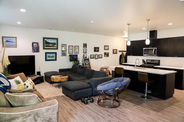 living room with sink and light hardwood / wood-style flooring