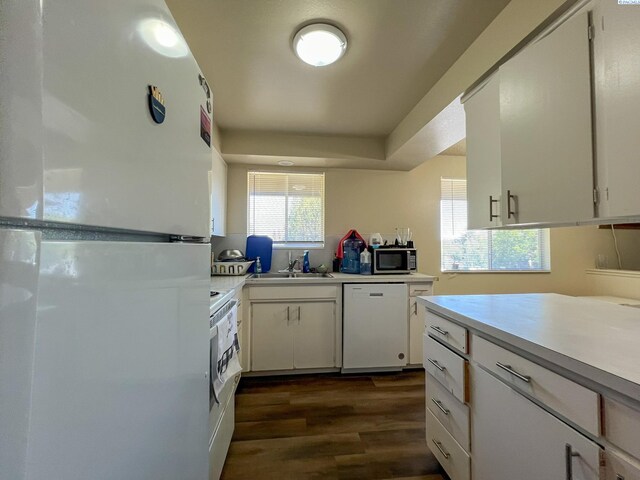 kitchen with white cabinetry, sink, white appliances, and dark hardwood / wood-style floors