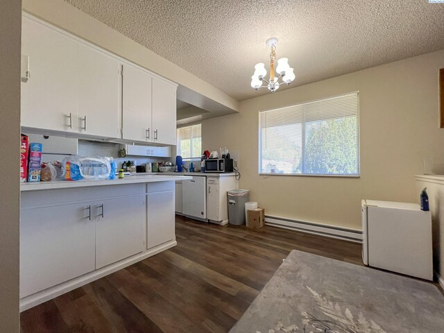 kitchen with pendant lighting, white cabinetry, a baseboard radiator, dark hardwood / wood-style flooring, and white dishwasher