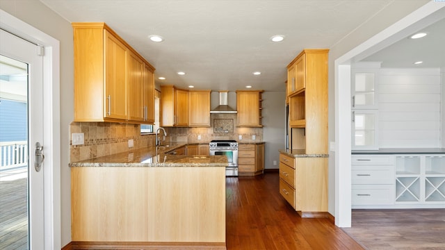 2003 W Canal Dr, Kennewick, WA 99336 - kitchen with wall chimney range hood, stainless steel electric range, stone counters, dark wood-style floors, and recessed lighting