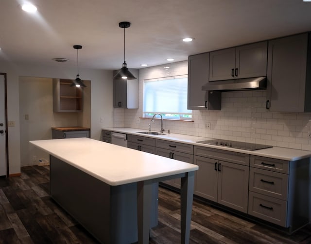 1815 W 16th Ave, Kennewick, WA 99337 - kitchen featuring under cabinet range hood, a sink, black electric cooktop, stainless steel dishwasher, and gray cabinets