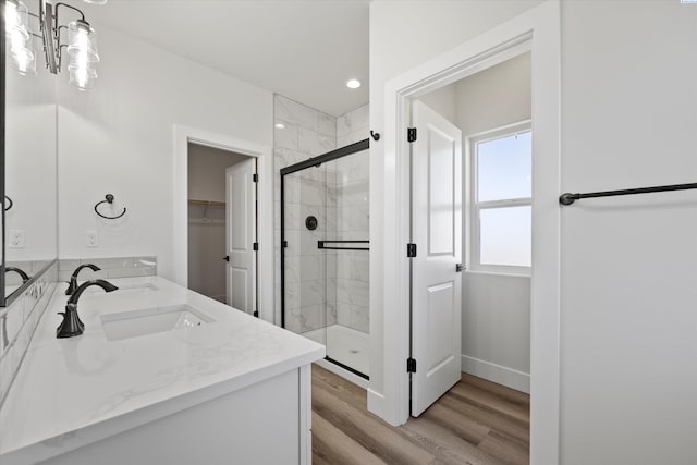 bathroom featuring a shower stall, a spacious closet, double vanity, wood finished floors, and a sink