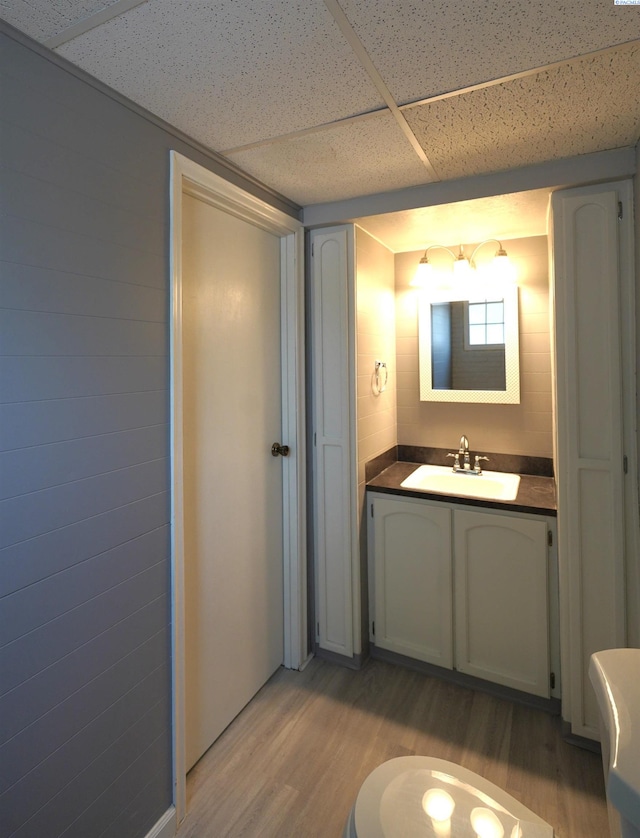 610 Dilke St, Pullman, WA 99163 - bathroom with wood finished floors, a paneled ceiling, and vanity