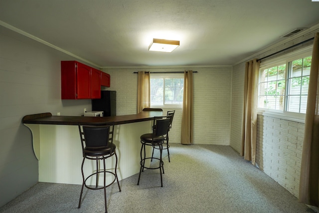 610 Dilke St, Pullman, WA 99163 - kitchen with freestanding refrigerator, dark countertops, plenty of natural light, brick wall, and crown molding