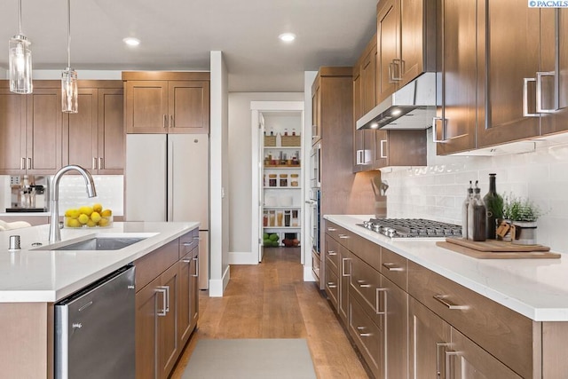 kitchen featuring under cabinet range hood, stainless steel appliances, a sink, light wood-type flooring, and pendant lighting