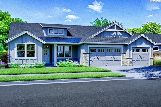 view of front of home with a garage, a shingled roof, driveway, stone siding, and board and batten siding