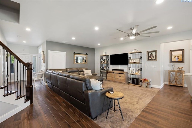 living room with ceiling fan, stairway, wood finished floors, and recessed lighting