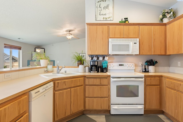 1716 W 40th Ave, Kennewick, WA 99337 - kitchen featuring white appliances, ceiling fan, and light countertops