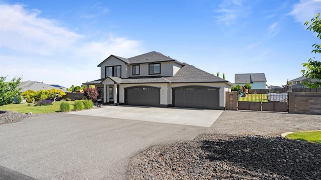 76704 E Timothy Ln, Kennewick, WA 99338 - view of front of property featuring asphalt driveway, stucco siding, a gate, roof with shingles, and an attached garage