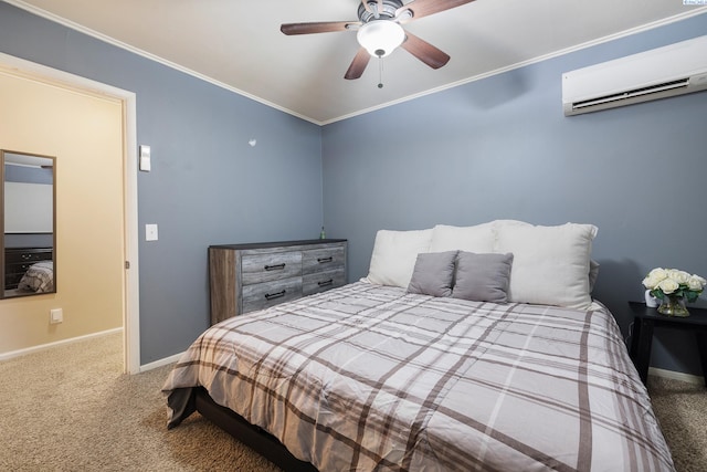 carpeted bedroom featuring ornamental molding, an AC wall unit, and ceiling fan