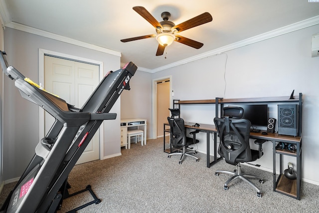 office with crown molding, ceiling fan, and carpet