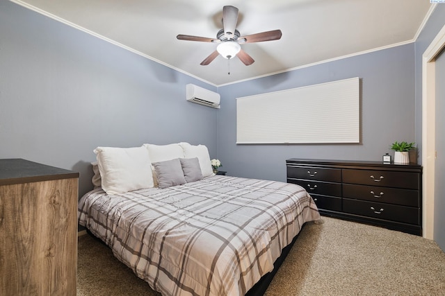 carpeted bedroom featuring ornamental molding, a wall unit AC, and ceiling fan