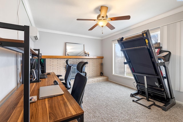 carpeted office with a wall mounted air conditioner, ornamental molding, and ceiling fan