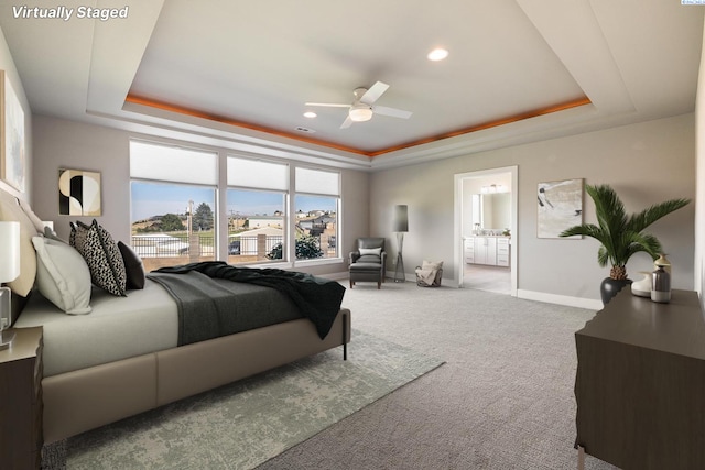 540 Athens Dr, West Richland, WA 99353 - bedroom featuring a raised ceiling, carpet floors, recessed lighting, ensuite bathroom, and a ceiling fan