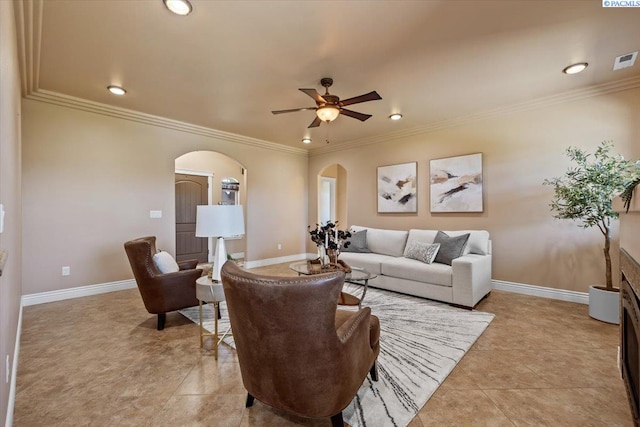 4617 W Dradie St, Pasco, WA 99301 - living room featuring arched walkways, recessed lighting, a ceiling fan, baseboards, and crown molding