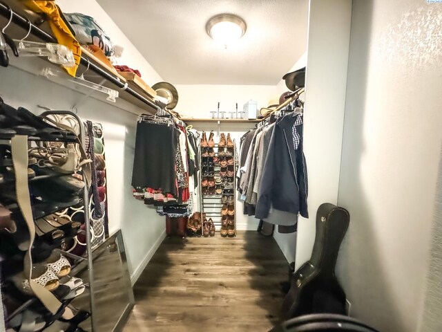 walk in closet with dark hardwood / wood-style flooring