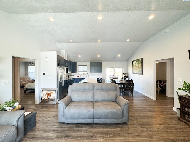 living room featuring high vaulted ceiling, dark hardwood / wood-style floors, and a textured ceiling