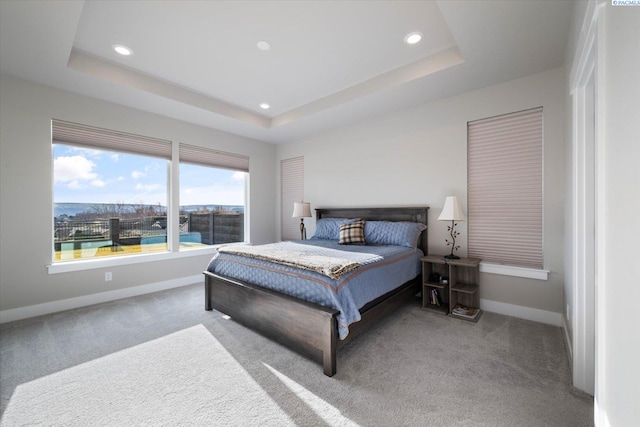 carpeted bedroom featuring a raised ceiling