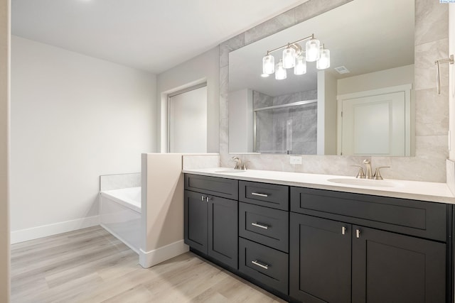 bathroom with plus walk in shower, vanity, tasteful backsplash, and wood-type flooring