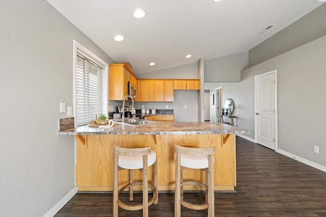 kitchen featuring stainless steel microwave, dark wood-type flooring, vaulted ceiling, a sink, and a peninsula