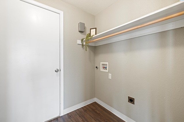 laundry room with dark wood finished floors, hookup for a washing machine, electric dryer hookup, laundry area, and baseboards