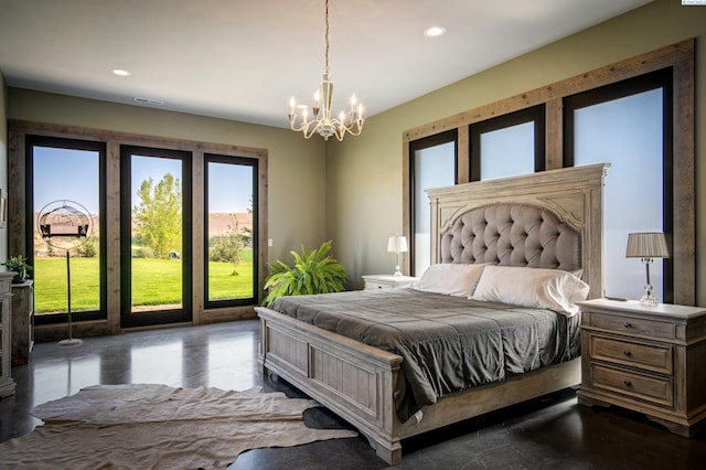 bedroom with a notable chandelier and access to outside