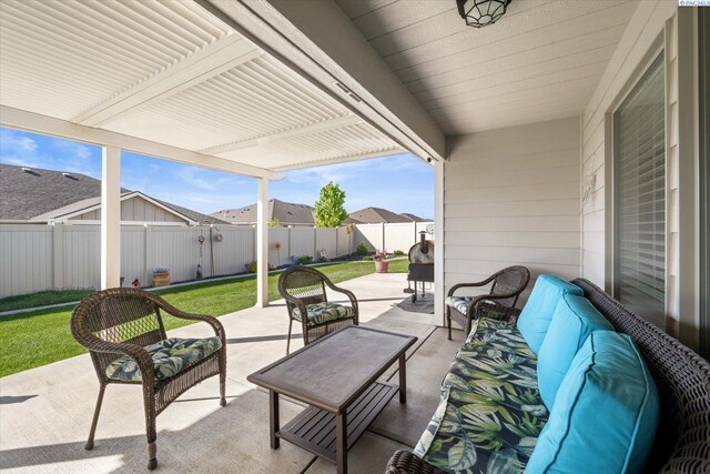 view of patio featuring a fenced backyard, a residential view, a pergola, and an outdoor hangout area