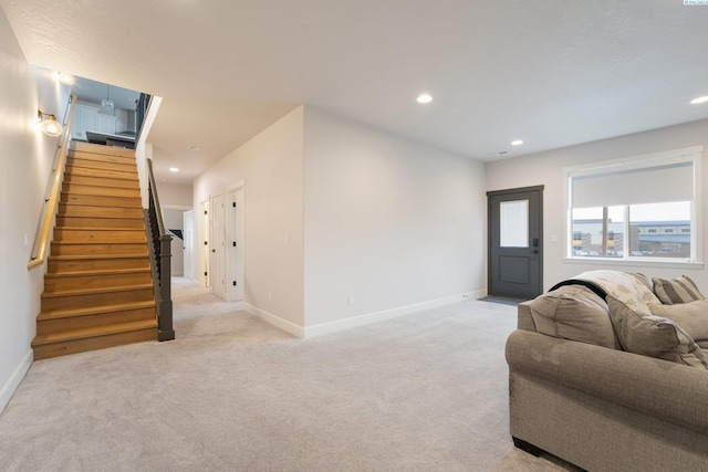 1733 S Currant St, Kennewick, WA 99338 - living room featuring stairs, recessed lighting, and light colored carpet