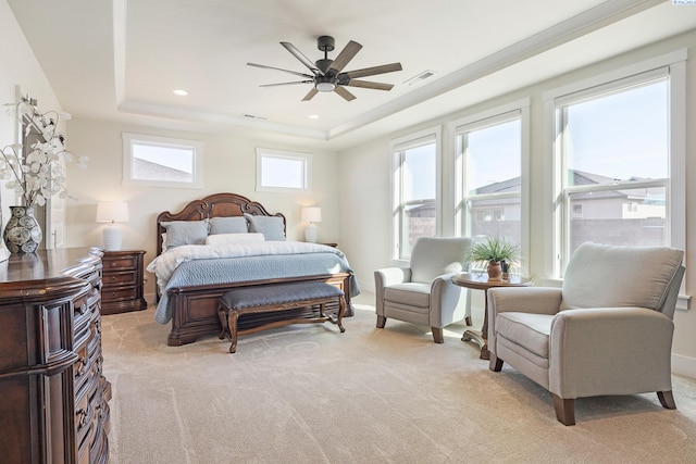 bedroom featuring recessed lighting, a raised ceiling, visible vents, and light colored carpet