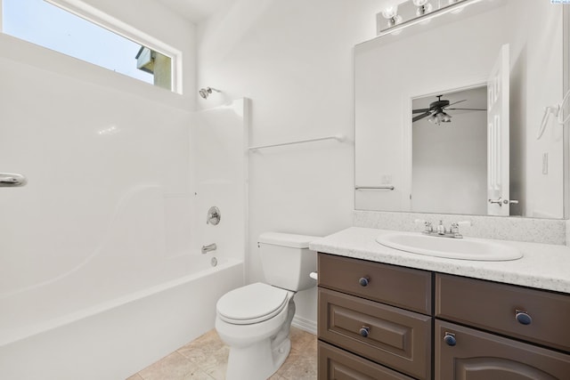 bathroom with washtub / shower combination, vanity, toilet, and tile patterned floors