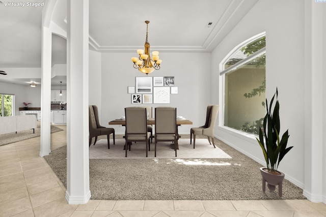 dining area with light tile patterned floors, a notable chandelier, light carpet, visible vents, and baseboards