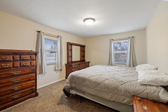 bedroom featuring carpet floors, multiple windows, a textured ceiling, and baseboards