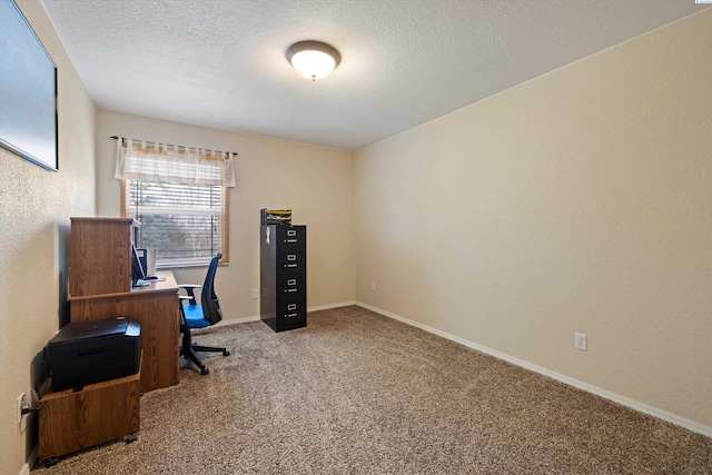 office featuring carpet floors, baseboards, and a textured ceiling