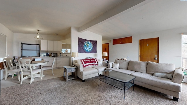 1810 NE Wheatland Dr, Pullman, WA 99163 - living area with lofted ceiling with beams and light carpet