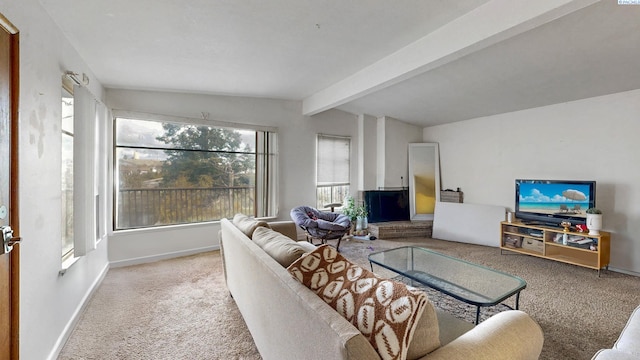 1810 NE Wheatland Dr, Pullman, WA 99163 - carpeted living area with lofted ceiling with beams and baseboards