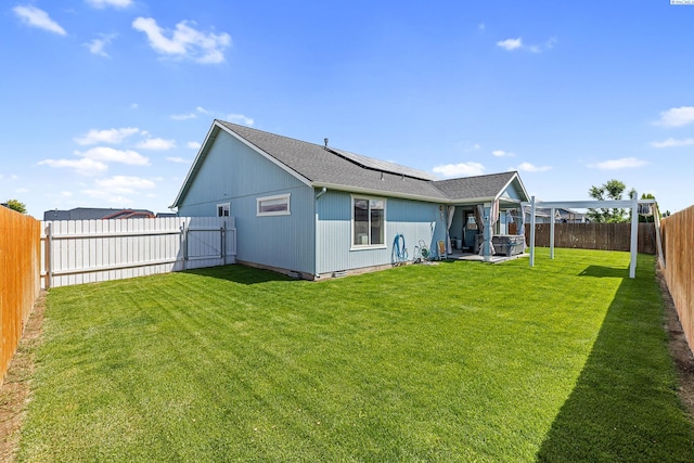 6110 Westport Ln, Pasco, WA 99301 - rear view of property with solar panels, a patio, a gate, and roof with shingles