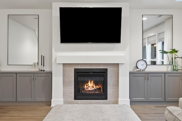 details featuring hardwood / wood-style flooring and a fireplace