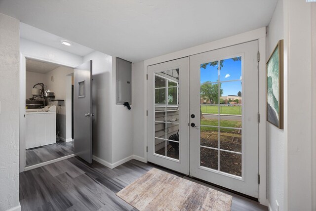 312 Mccabe St, Walla Walla, WA 99362 - doorway with electric panel, french doors, baseboards, wood finished floors, and recessed lighting