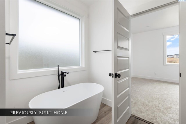 bathroom with hardwood / wood-style flooring and a bath