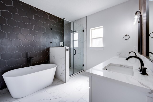 1390 SW Panorama Dr, Pullman, WA 99163 - full bath featuring marble finish flooring, double vanity, a marble finish shower, and a freestanding bath