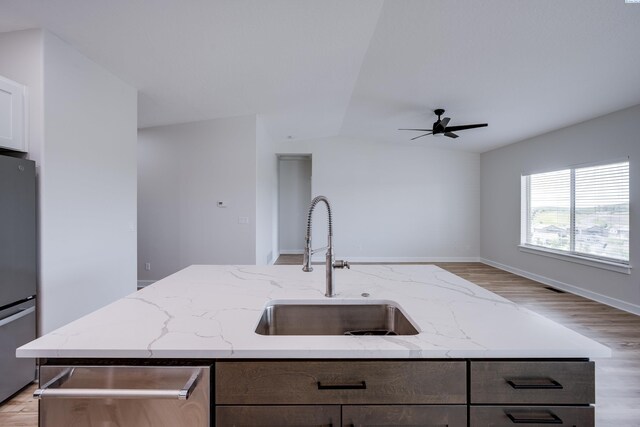 1390 SW Panorama Dr, Pullman, WA 99163 - kitchen featuring a sink, stainless steel appliances, a ceiling fan, light wood-type flooring, and baseboards