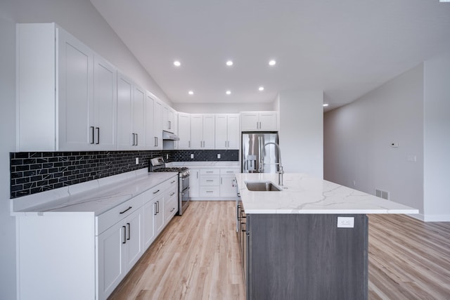 1390 SW Panorama Dr, Pullman, WA 99163 - kitchen featuring stainless steel appliances, a sink, backsplash, light wood-style flooring, and white cabinetry