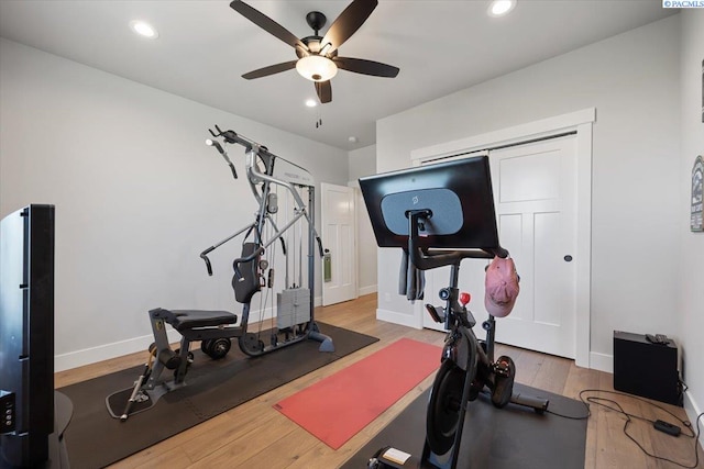 5770 W 40th Ave, Kennewick, WA 99338 - workout room with ceiling fan, wood finished floors, and recessed lighting