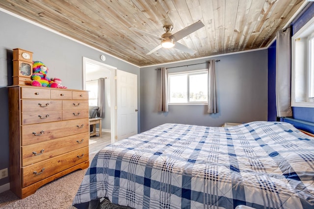 bedroom featuring crown molding, wood ceiling, and ceiling fan