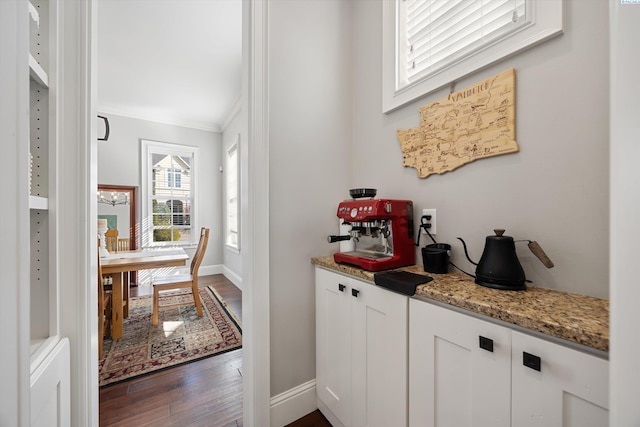 1016 SE Crestlane Dr, College Place, WA 99324 - interior space featuring baseboards, white cabinetry, light stone counters, and dark wood finished floors