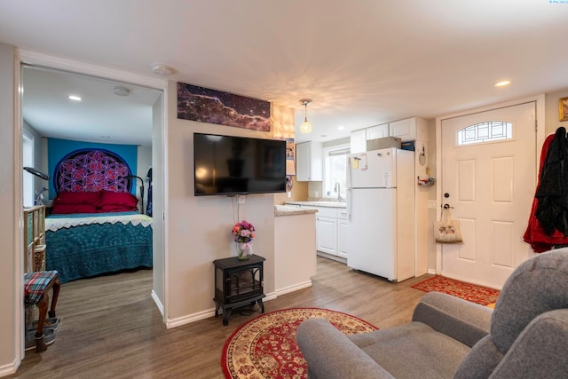 living room with sink and light hardwood / wood-style flooring